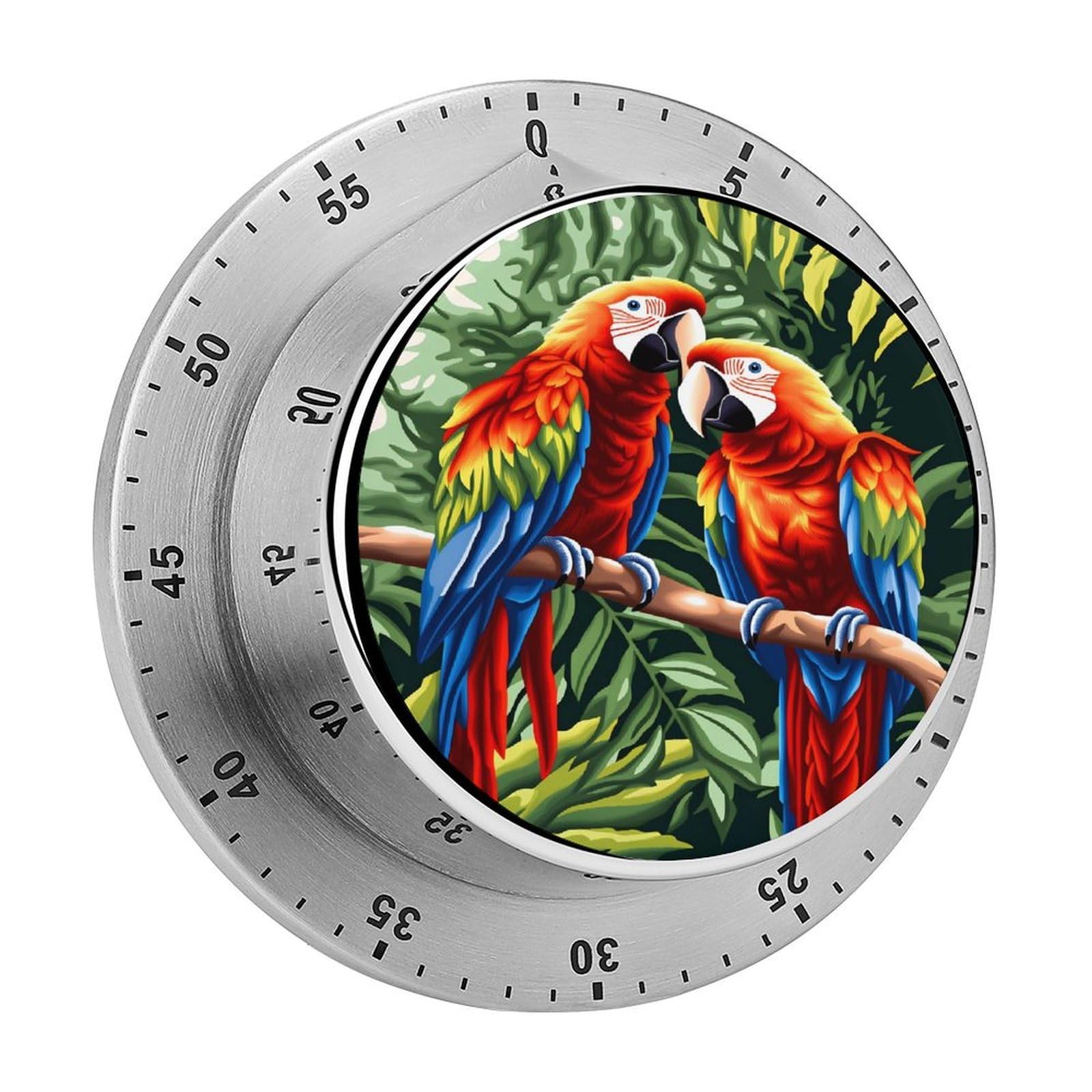 Couple Parrots Pattern 60 Minute Wind Up Timer,Visual Mechanical Magnetic Timer with Loud Alarm for Kitchen
