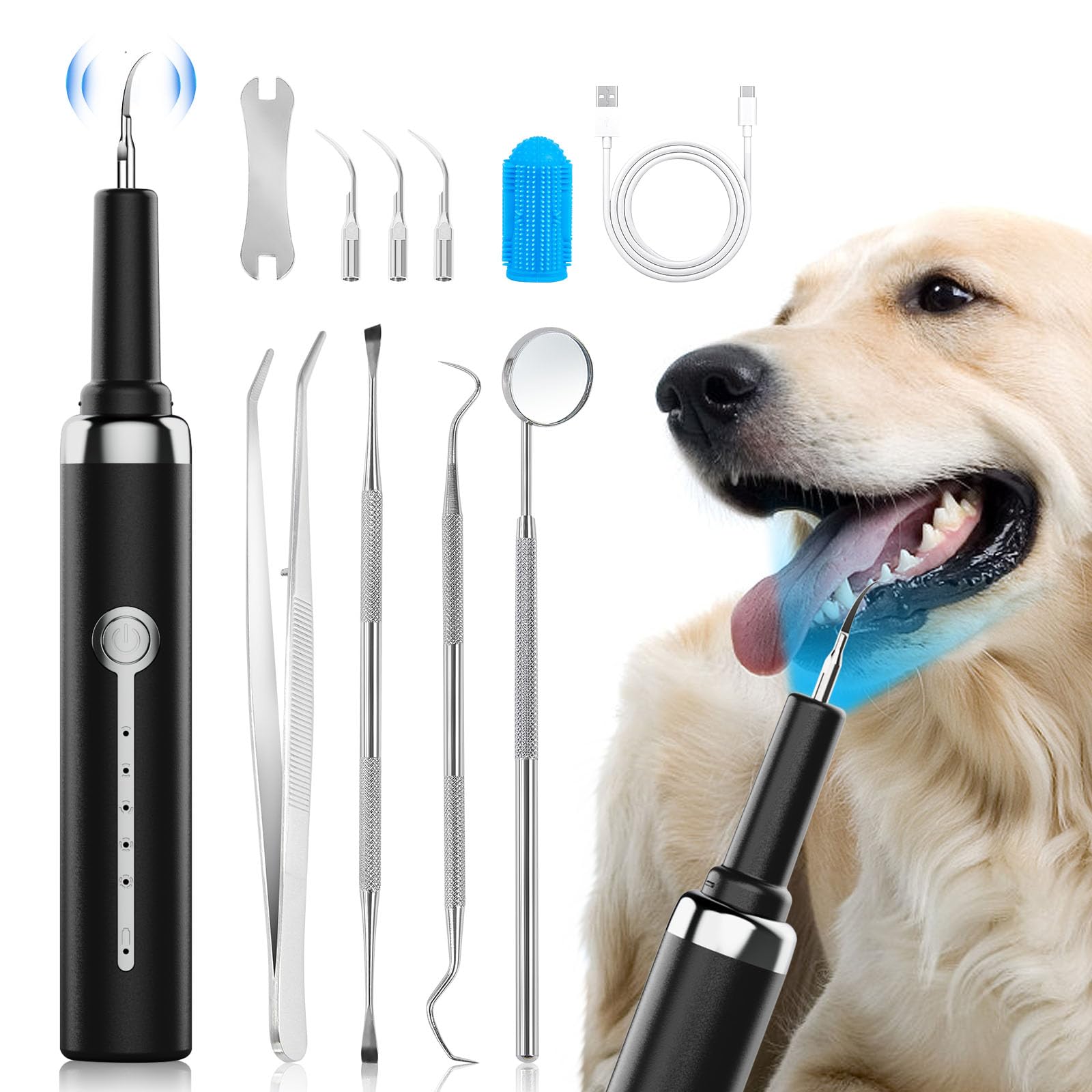 Kit de eliminación de placa y sarro para perros, removedor ultrasónico de sarro impermeable de bajo ruido para mascotas