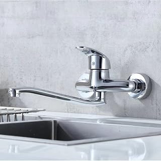 Wall-Mounted Brass Kitchen Faucet Single Handle Mixer Tap for Sink Swivel Spout Hot & Cold Water Durable Kitchen Sink Mixer Valve Modern Kitchen Design (A)