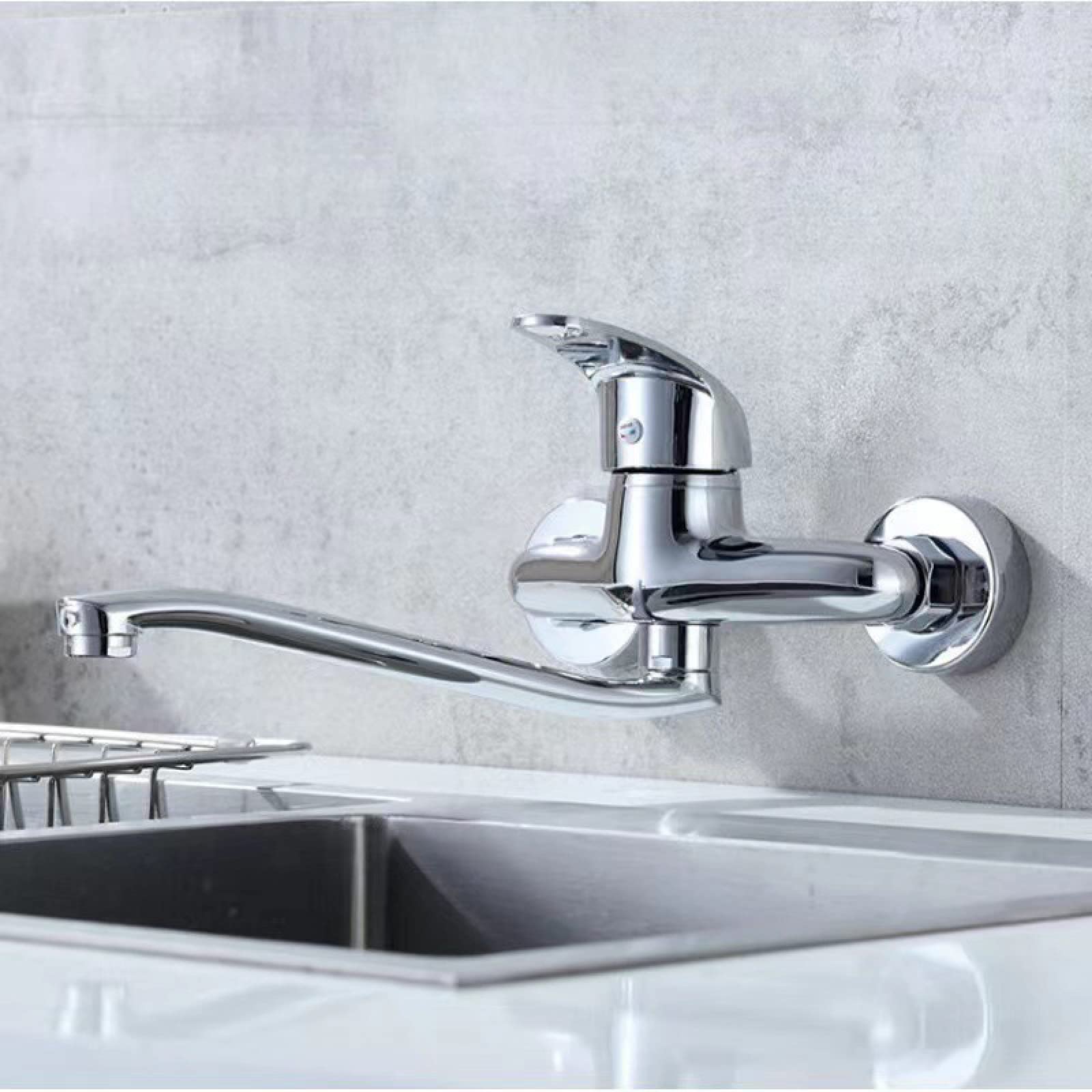 Robinet de cuisine mural avec bec pivotant et mitigeur laiton eau chaude/froide