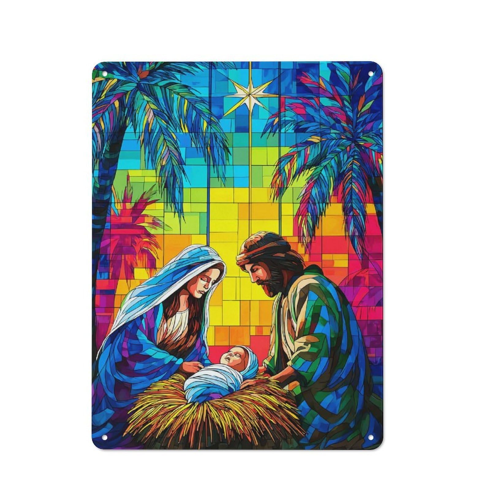 Junmoney Stained Glass Nativity Scene -1 For Living Room Or Hallway, Rustic Metal Sign 40X30cm, For Home Interiors, Feature Walls And Decorative Displays
