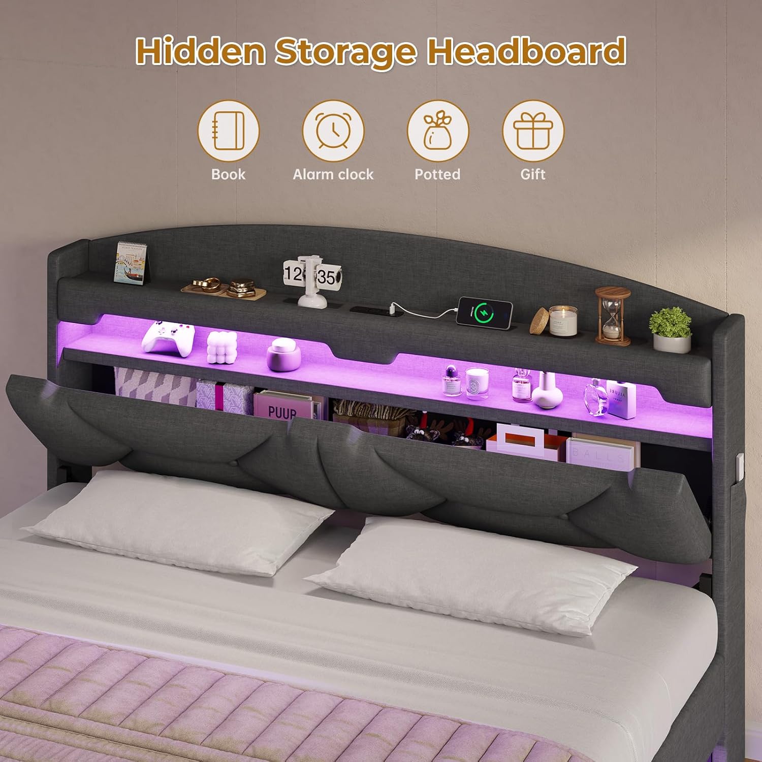 BTHFST Floating Bed Frame Full Size with Type-C Charging Station & Storage Headboard, RGB Floating Platform Bed, No Box Spring Needed, Wooden Slats Support, Dark Grey - Image 4