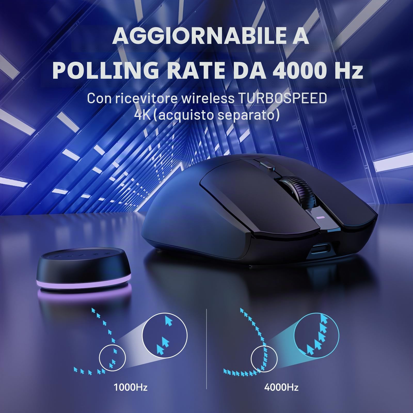 ATTACK SHARK AJAZZ AJ139PRO SUPERLIGHT 4K Mouse da gioco wireless, sensore PAW3395, 26000 DPI, 4KHz, 2,4 Ghz/USB C Mouse eSport cablati, 6 pulsanti programma, durata batteria 700 ore, PC/MAC - Nero