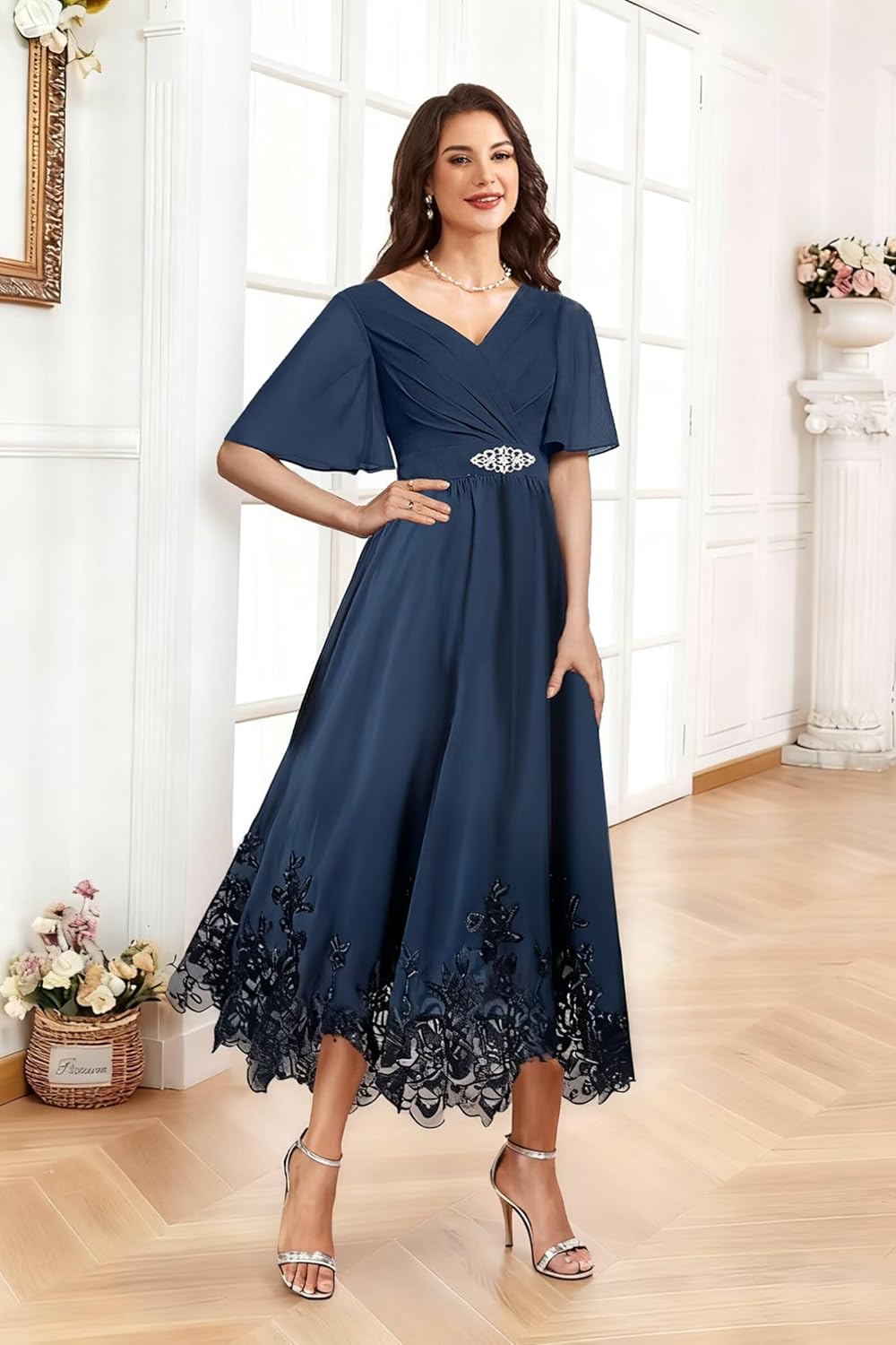 Women Tea Length Chiffon Mother of The Bride Dresses for Wedding V Neck Grandmother Groom Dress with 1/2 Sleeves - Image 3