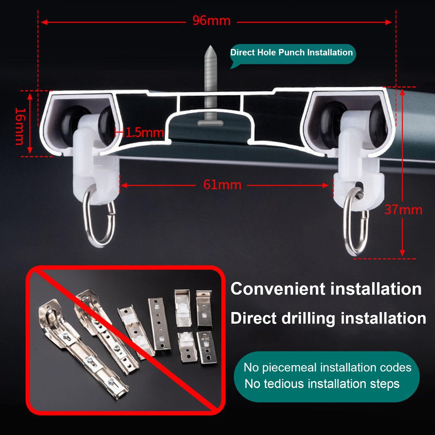 Binario per tenda in alluminio con rulli silenziosi, montaggio a soffitto a 2 canali, finitura lucida resistente, 3,30 m, ideale per divisori, balconi e uffici.