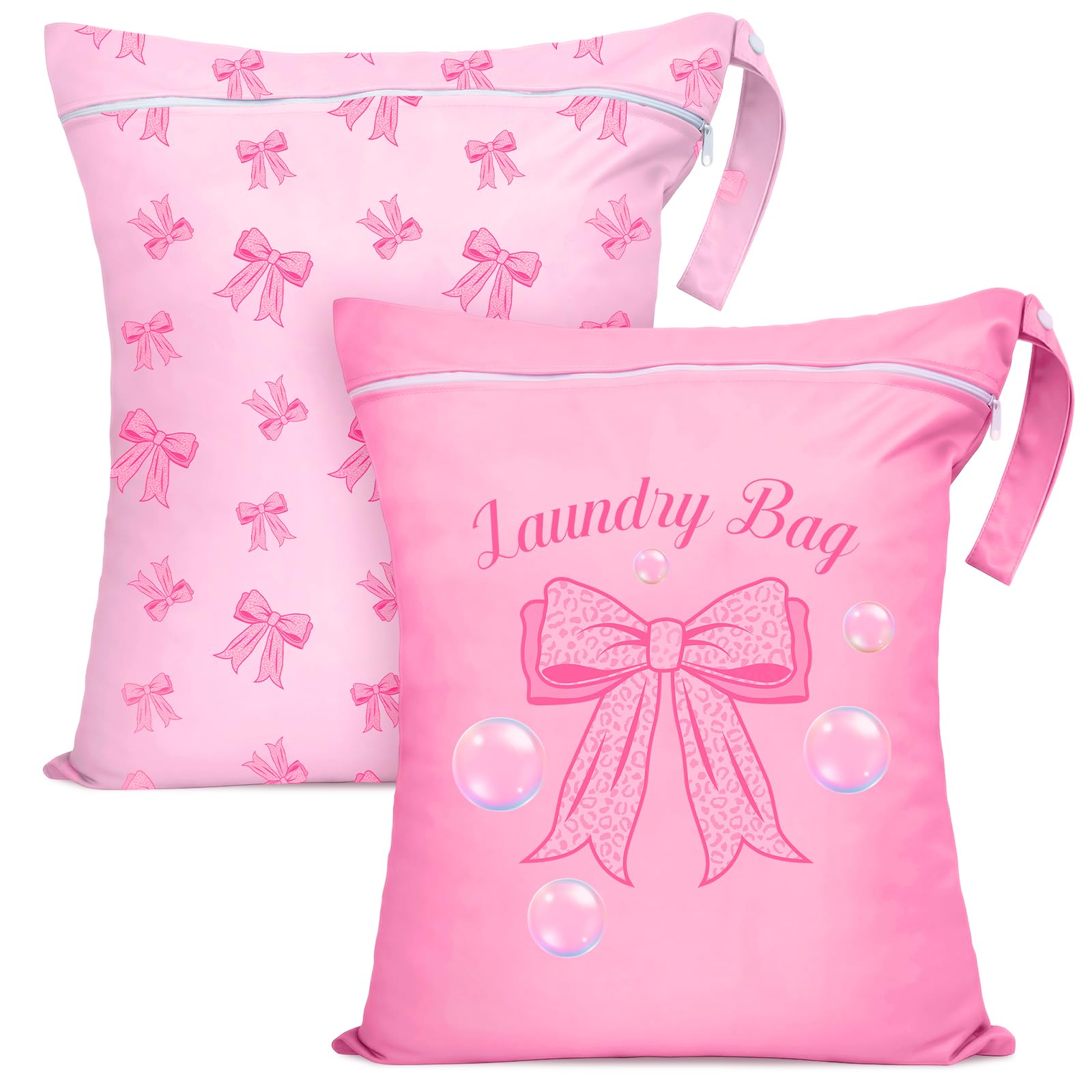 2PC Travel Laundry Bags, 55X45CM Large Waterproof Laundry Bags with Side Handles & Zippers, Dirty Clothes Organiser for Travel & Home Use (Pink Bows on Pink Background)
