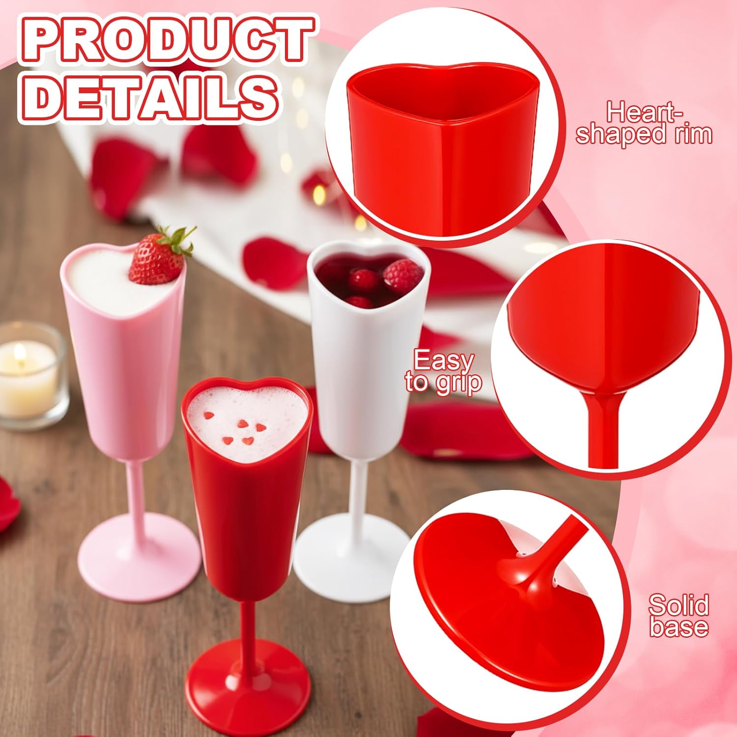 Nuogo 6 Pcs Valentine's Day Heart Plastic Champagne Flutes, 6 oz Galentines Toasting Champagne Flute for Wedding, Heart Shaped Plastic Goblets for Bachelorette Party Celebrations Supplies(Multicolor)