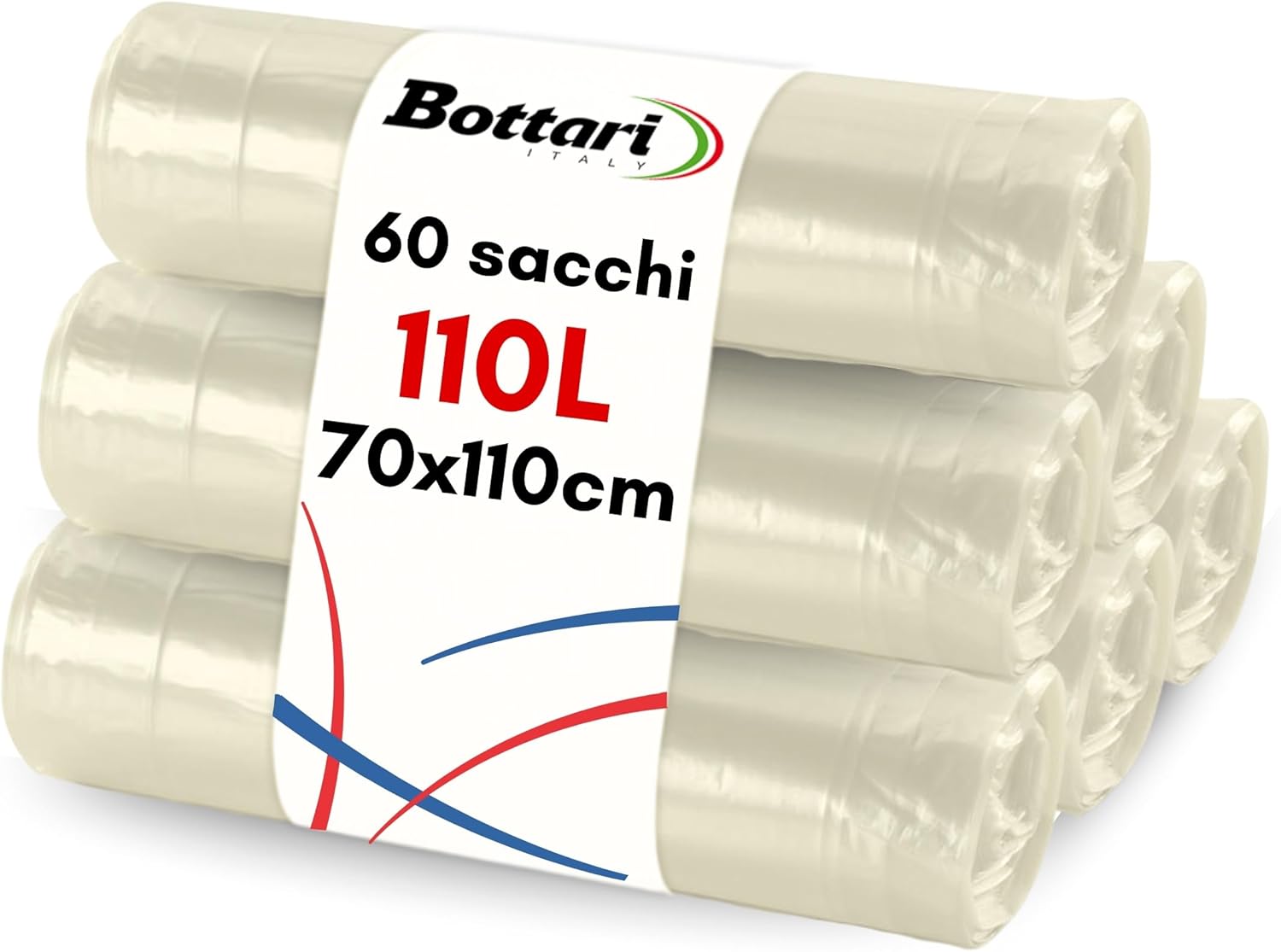 Bottari 60 Sacchi Immondizia 110L 70 x 110 cm con Lacci, Trasparenti, Sacchi Immondizia Pesanti, 6 Rotoli da 10 Pezzi