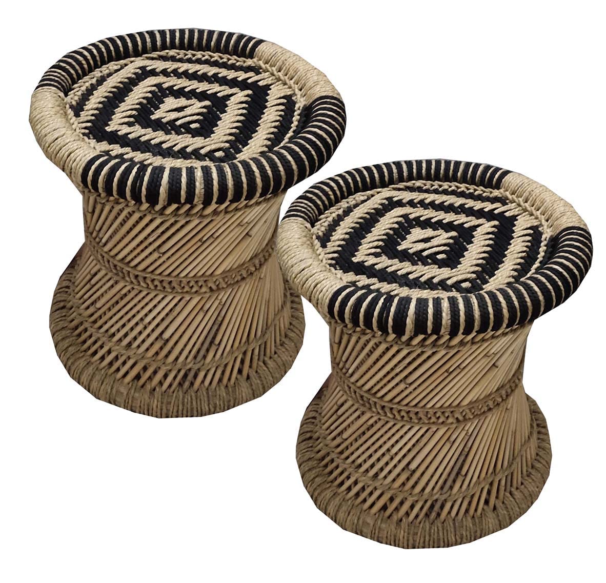 Natural and Handmade Bamboo Mudda Stool with Black and Beige Flower Design - Set of 2-15 X 15 Inch