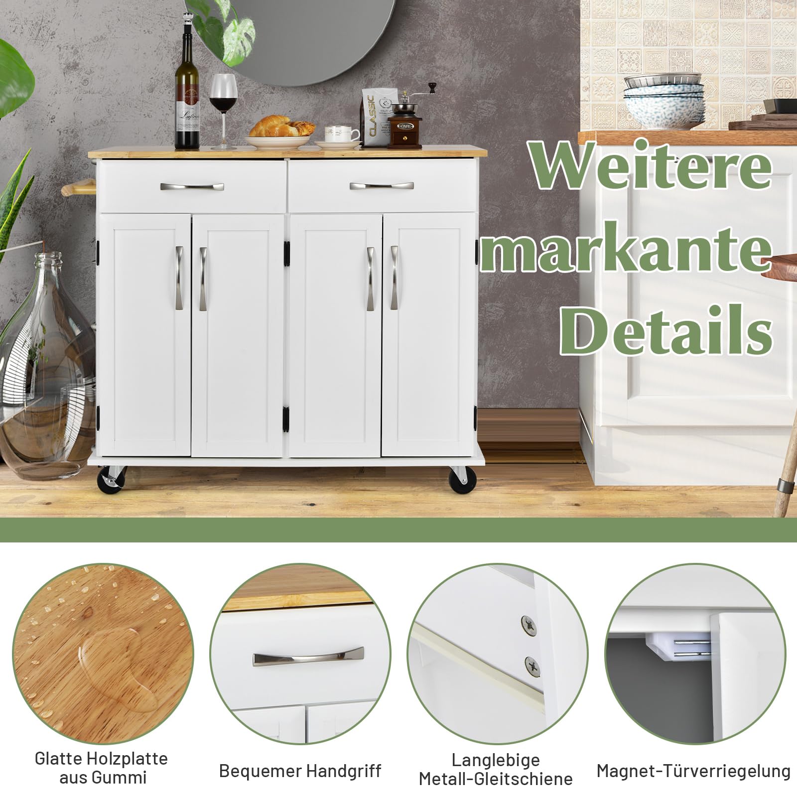 COSTWAY wózek kuchenny na kółkach, wózek do serwowania z blatem roboczym i uchwytem na ręczniki oraz szufladami i regulowanymi półkami, drewniana wyspa kuchenna, szafka kuchenna na kółkach, do kuchni