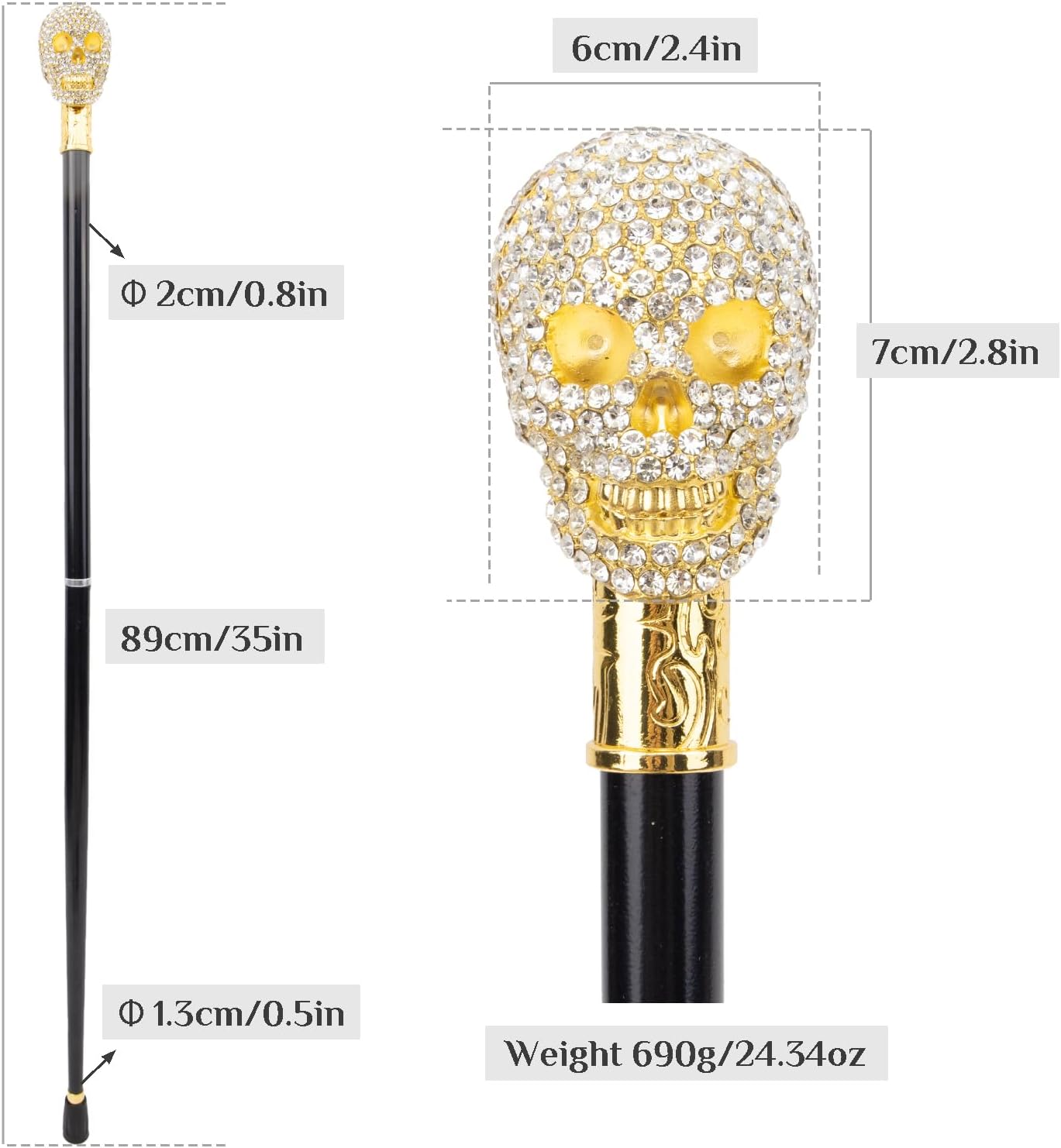 Artificial White Diamond Skull Walking Cane Fashion Decorative Walking Stick Gentleman Elegant Cosplay Cane Knob Crosier 90cm