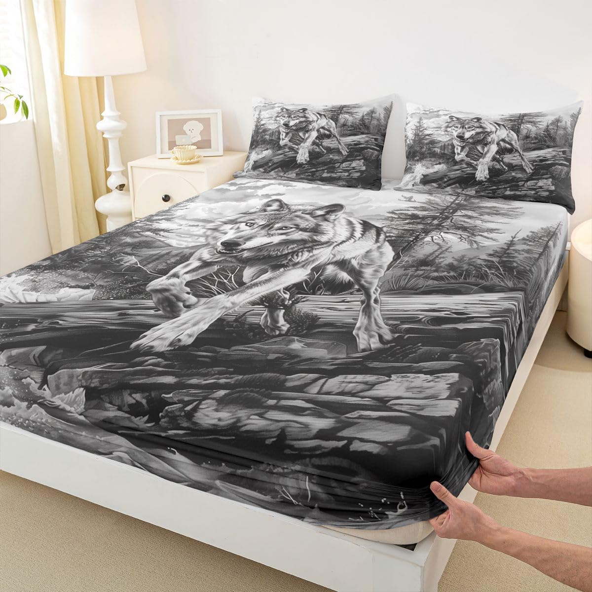 Manfei Juego de sábanas bajeras retro de lobo tamaño King, 3 piezas, diseño de animales salvajes de la selva, sábanas de caza y granja con 2 fundas de almohada, decoración de habitación de niños y