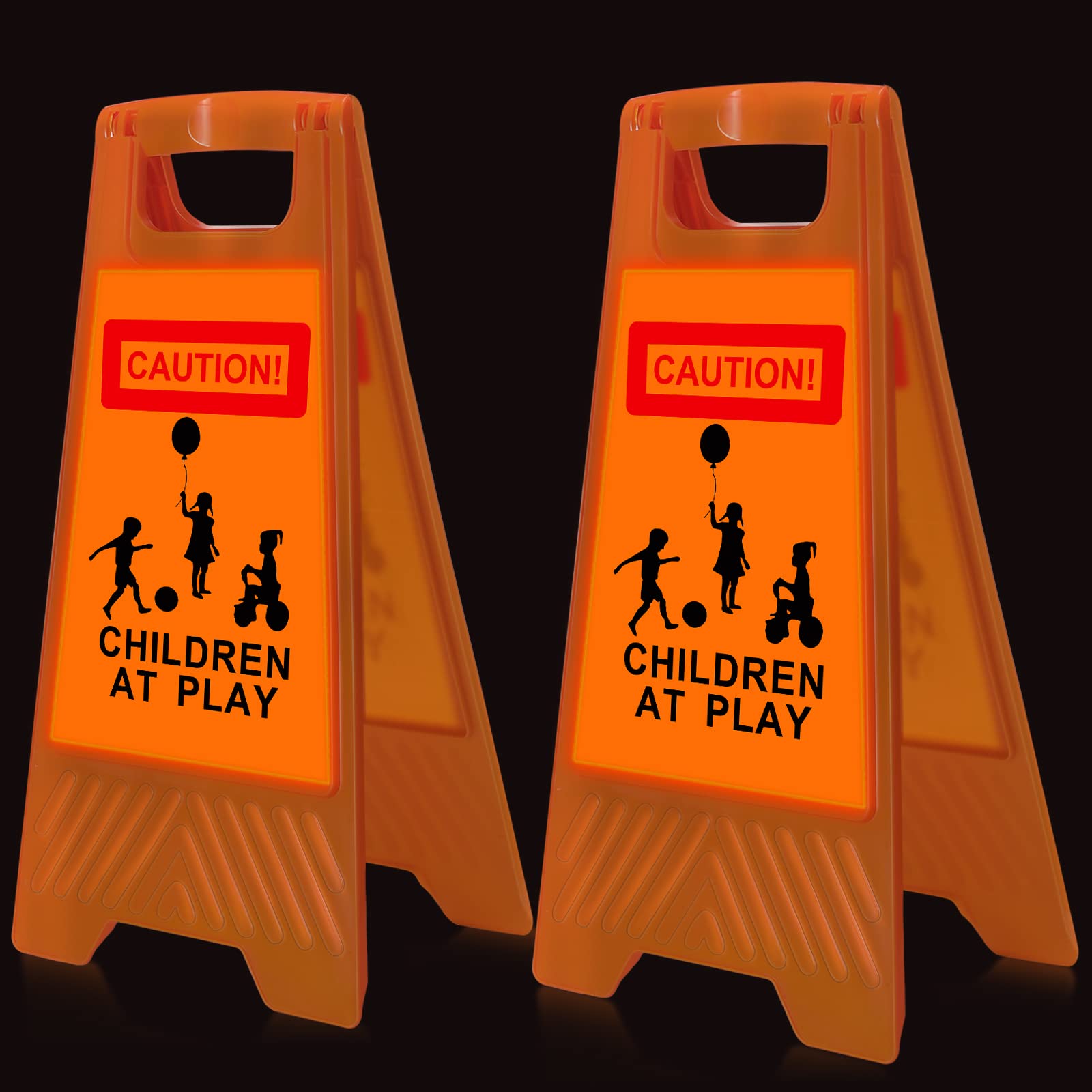 Photo 1 of 2 Pieces Reflective Kids Playing Sign for Street Slow Down Kids at Play Sign Double Sided 24 Inch Portable Handle Children at Play Warning Board Safety Signs Neighborhood School Park Sidewalk (Orange)