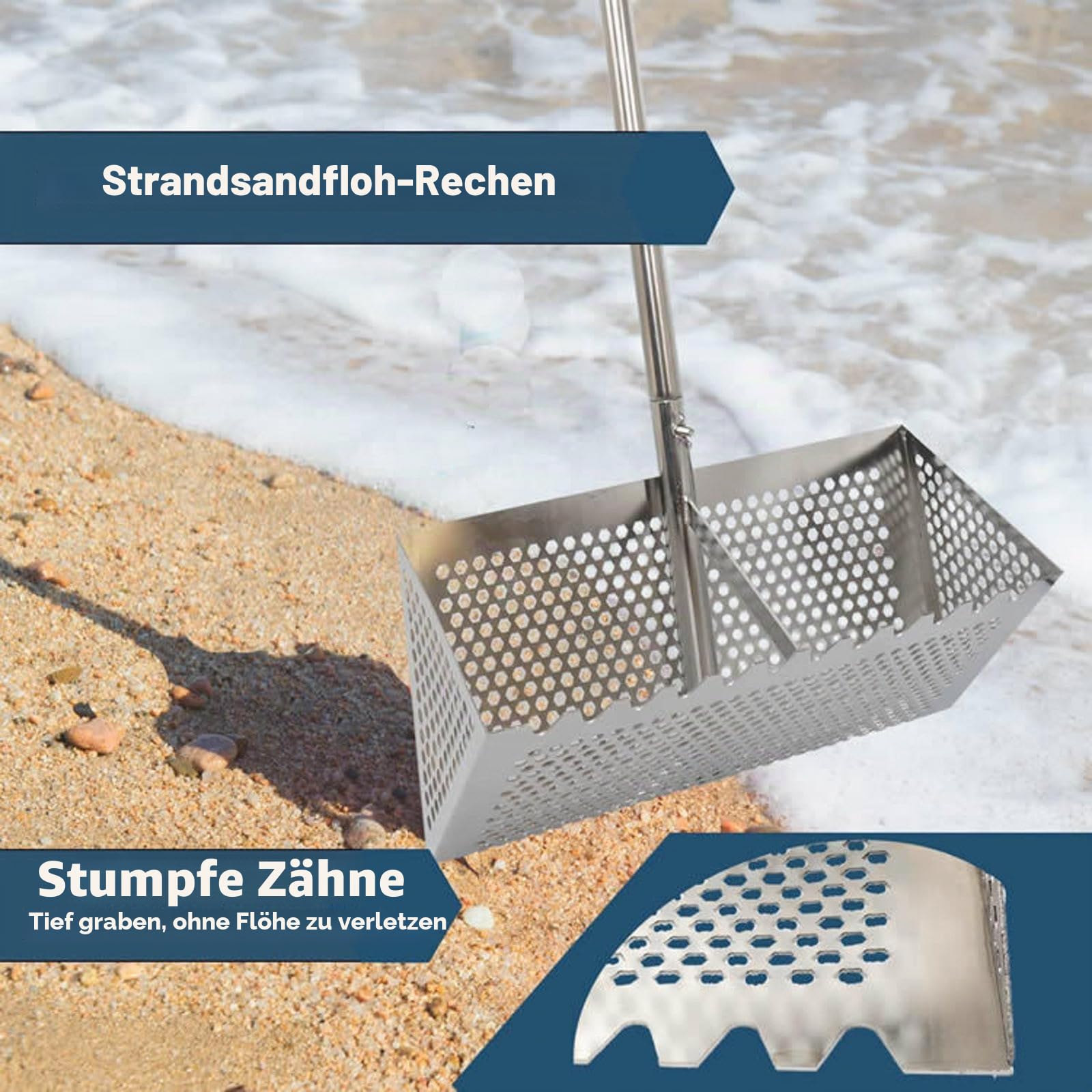 Sandflohharke, Groß Edelstahl Strandsand Sieb mit 134cm Langem Griff und 40x20cm Korb, Sandfloh, Rechens, Abnehmbarer Strand-Sandsieb, zum Sammeln von Flöhen und Muscheln (1PC)