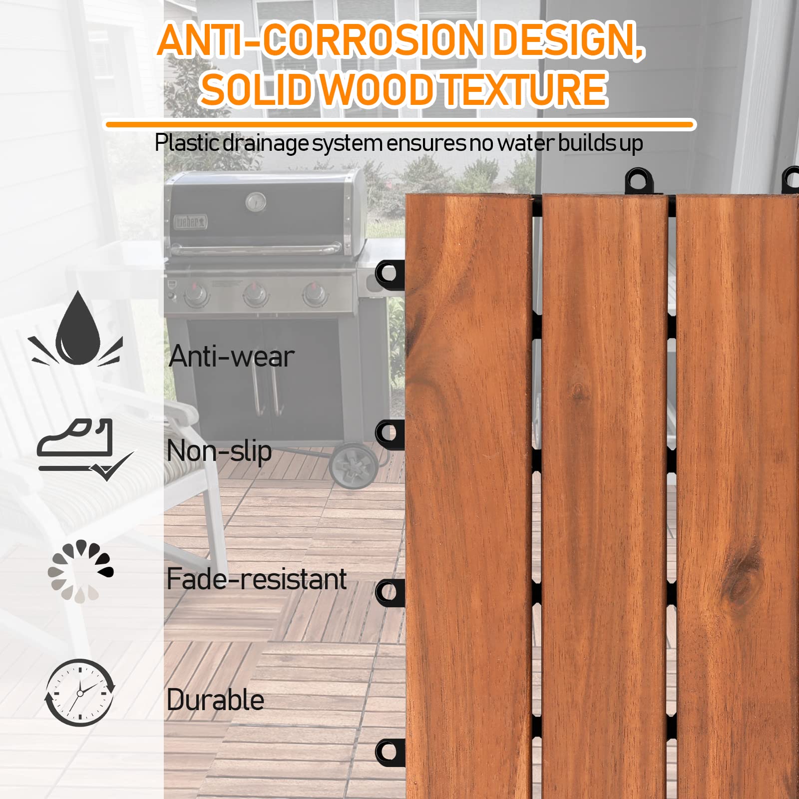 Ikodm Holzfliesen Terrassenfliesen Klickfliesen, 11x Platten Balkon Fliesen Garten 1m² 30x30 cm Holz Akazie Mosaik, 6 Slatte, für Terrassen und Balkon