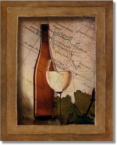 Impresión artística de la cocina de la copa de vino y botella de vino de uvas blancas de 8 x 10 pulgadas