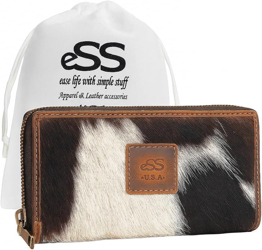ESS Real Cowhide Leather Wallets for Women - Zipper Western Purse RFID Blocking - Clutch wallet for women - 8 credit card slot with zippered pocket- Best Gifts (7.25 x 3.75) inches