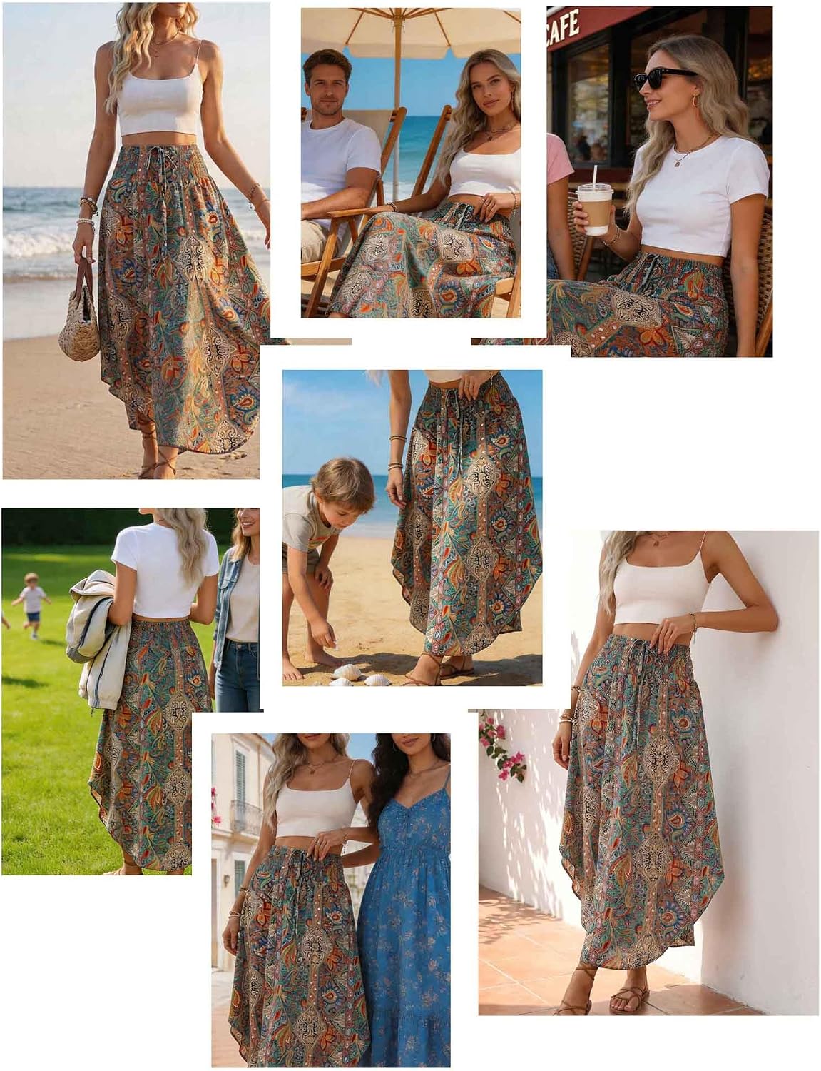 Boho Maxi Skirts for Women Waisted Pleated Flowy Bohemian Floral A Line Long Skirt Summer Beach Vacation Outfit