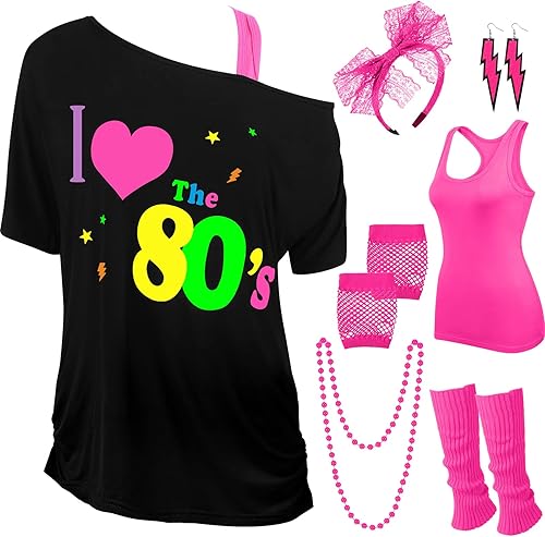 I Love The 80s Disco 80s Disfraz de los años 80 con hombros descubiertos camiseta sin mangas diadema aretes collar calentadores de piernas guantes