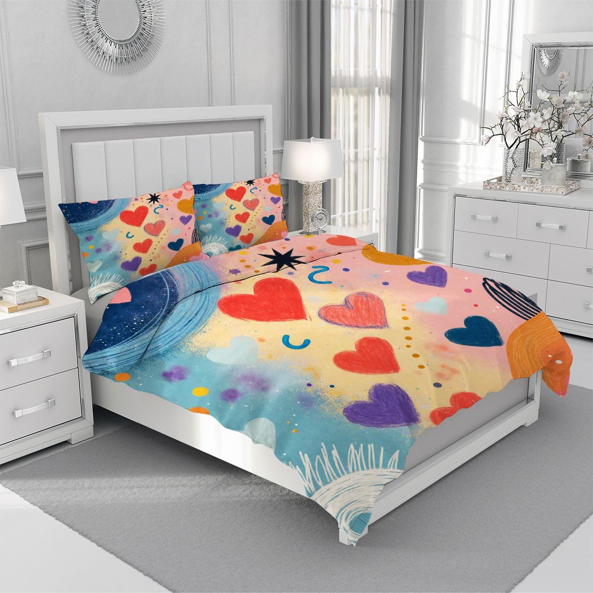 Funda Nórdica Infantil 150x200 Cm Con Corazones De Colores - Juego De Cama En Microfibra Suave, Incluye 2 Fundas De Almohada