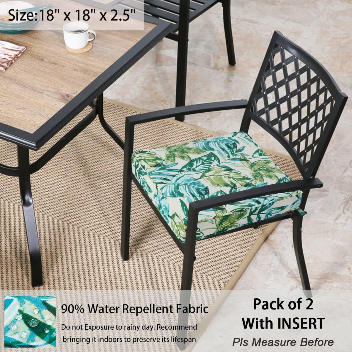 FUNHOME Outdoor Chair Cushions 18x18 Inch,Set of 2,Water Resistant Chair Pads with Ties,Square Seat Cushion 18"x18"x2.5",Patio Chair Cushion for Garden,Backyard Furniture(Palm Leaf)