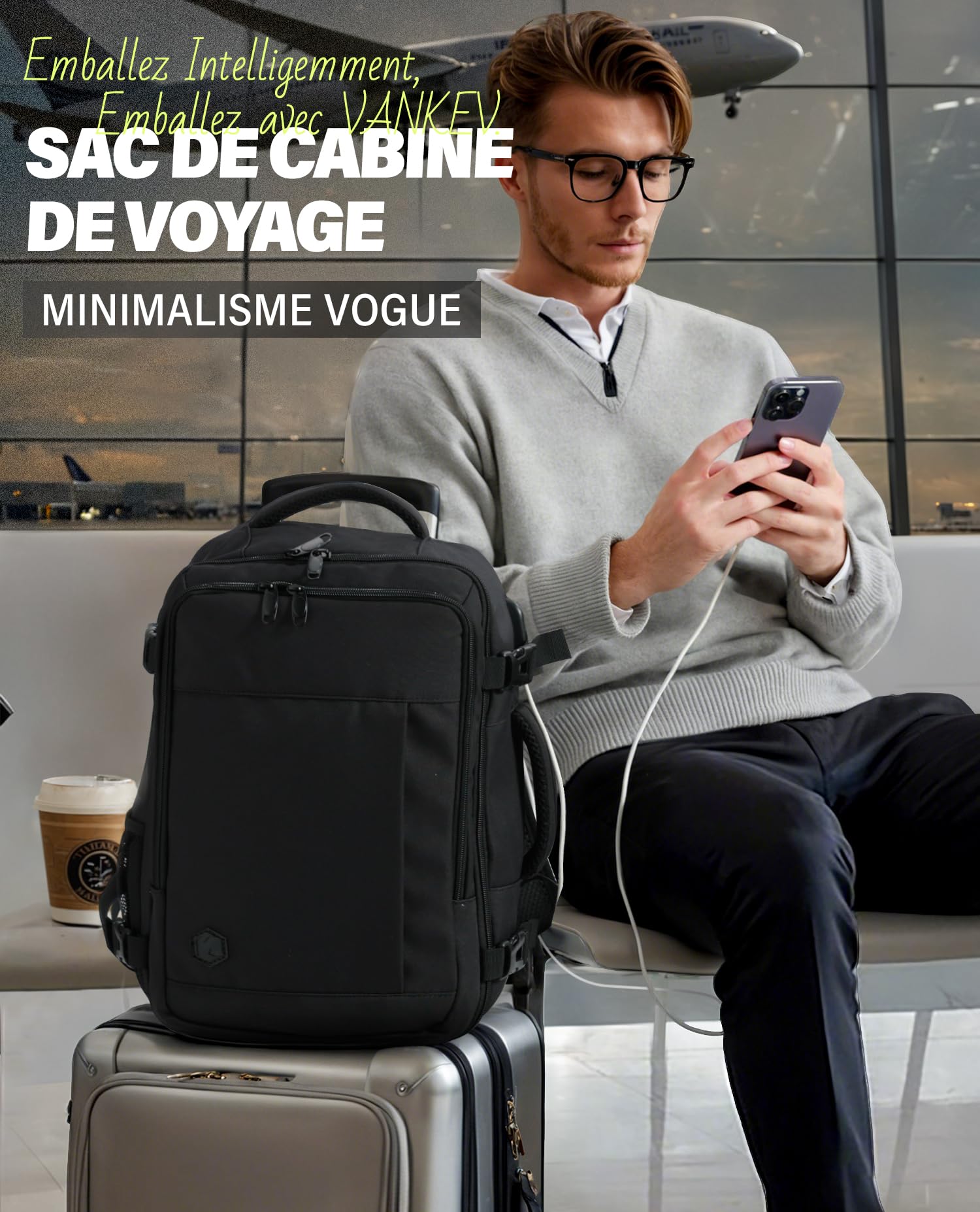 VANKEV Sac à Dos Voyage Cabine Avion 45x36x20 Pour Easyjet 30L Bagage à Main Femme Homme Sous Siege Cabine Sac à Dos Pour Ordinateur Portable 15.6 Pouces Noir