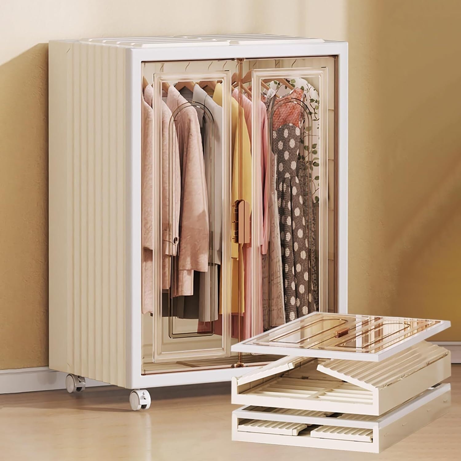 Suixtil Kleiderschrank Regalsystem Garderobe für kleine Räume. Weißer klappbarer Kleiner Kleiderschrank mit Rollen. Küche, Haushalt & Wohnen