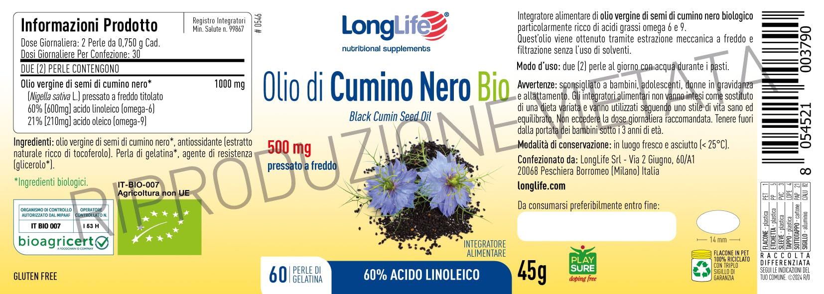 LongLife® Olio di Cumino Nero Bio | Titolato al 60% in acido linoleico | Pressato a freddo | Sostegno immunitario e cardiovascolare | Funzione antiossidante | 1 mese di trattamento | Senza glutine