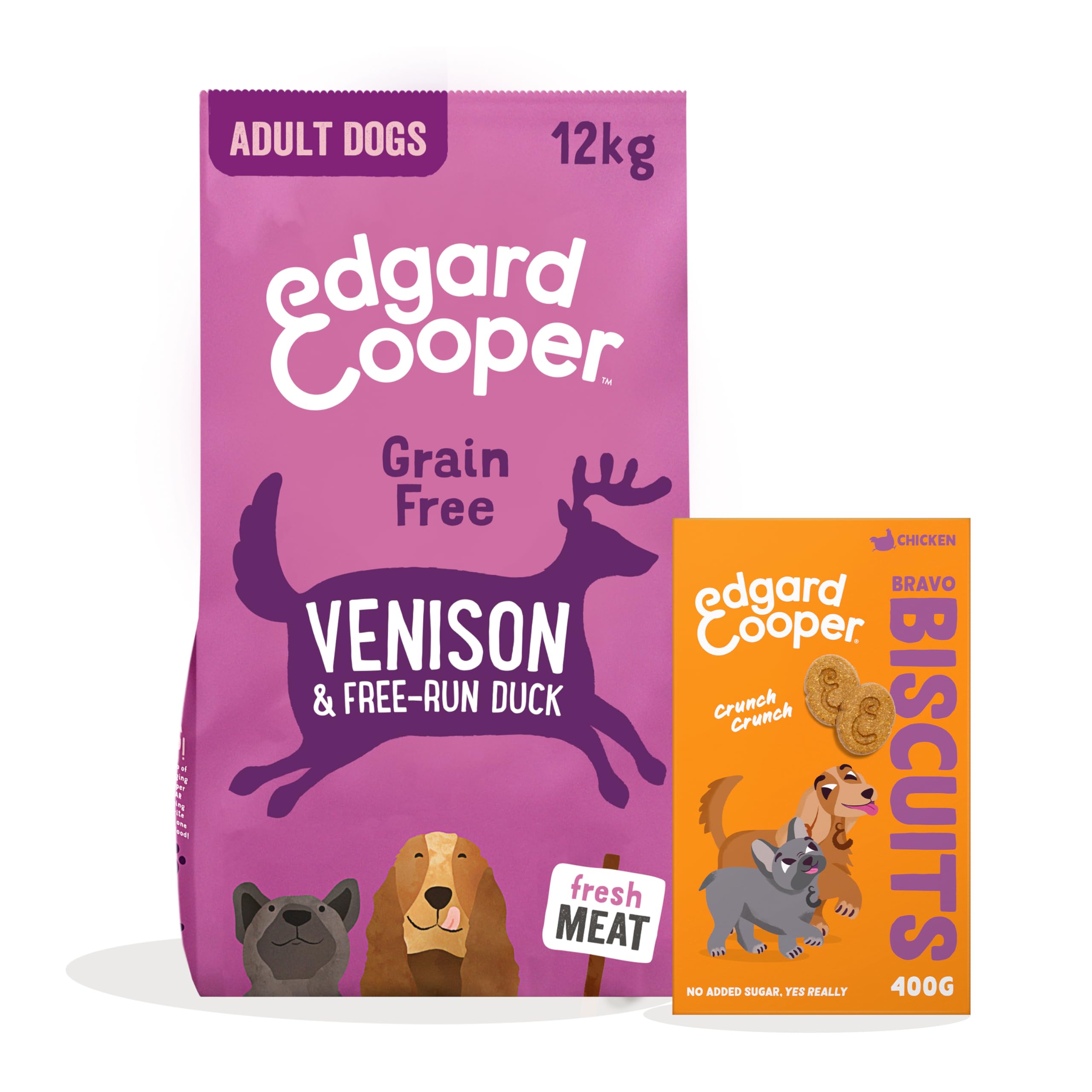 Edgard & Cooper Cibo Secco per Cani Adulto Cervo & Anatra Grain Free 12kg + Biscotti per Cani al Pollo 1x400g - Pacco Crocchette & Snack