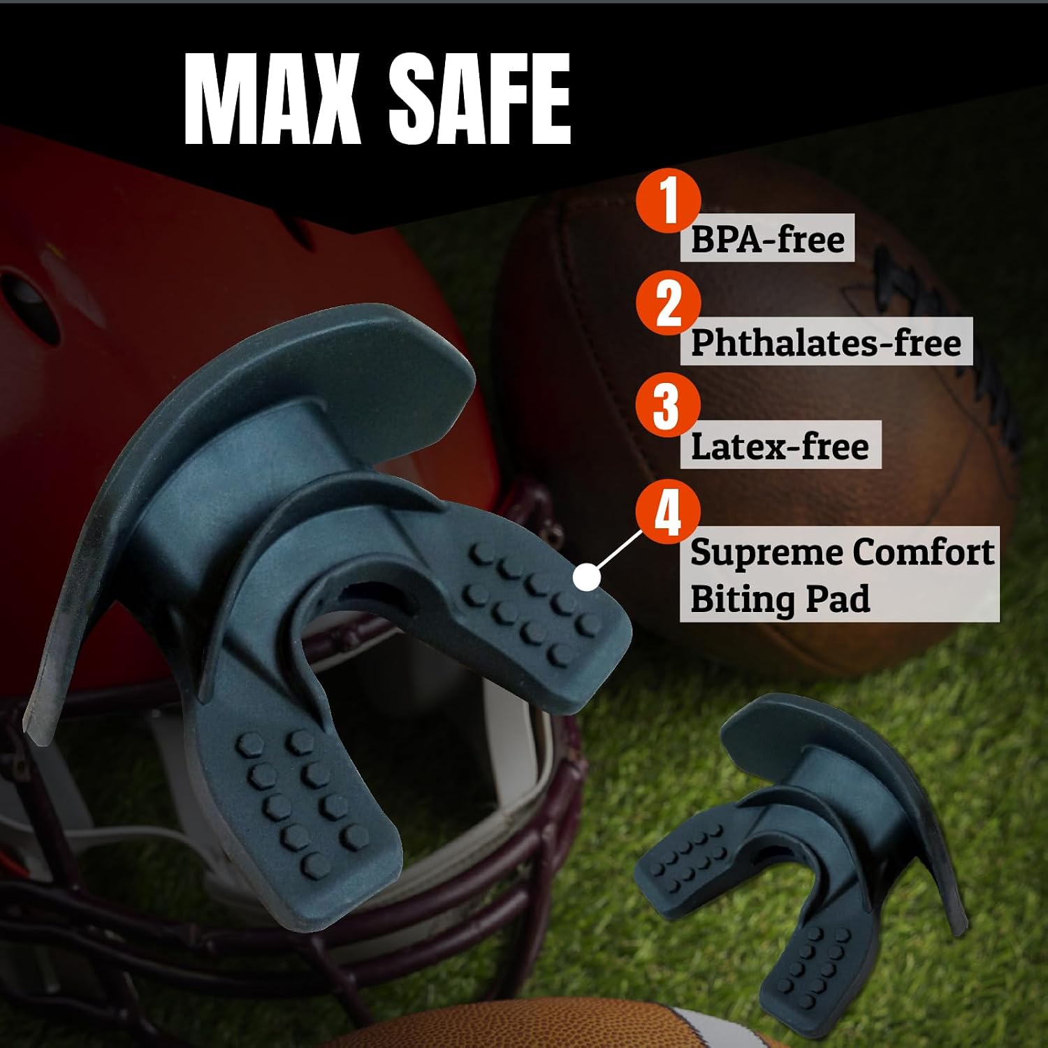 O Shield Core Football Mouth Guard, Detachable Strap | No boil, BPA-free silicone and TPE, brace friendly, ventilated case included, football 7v7 and flag