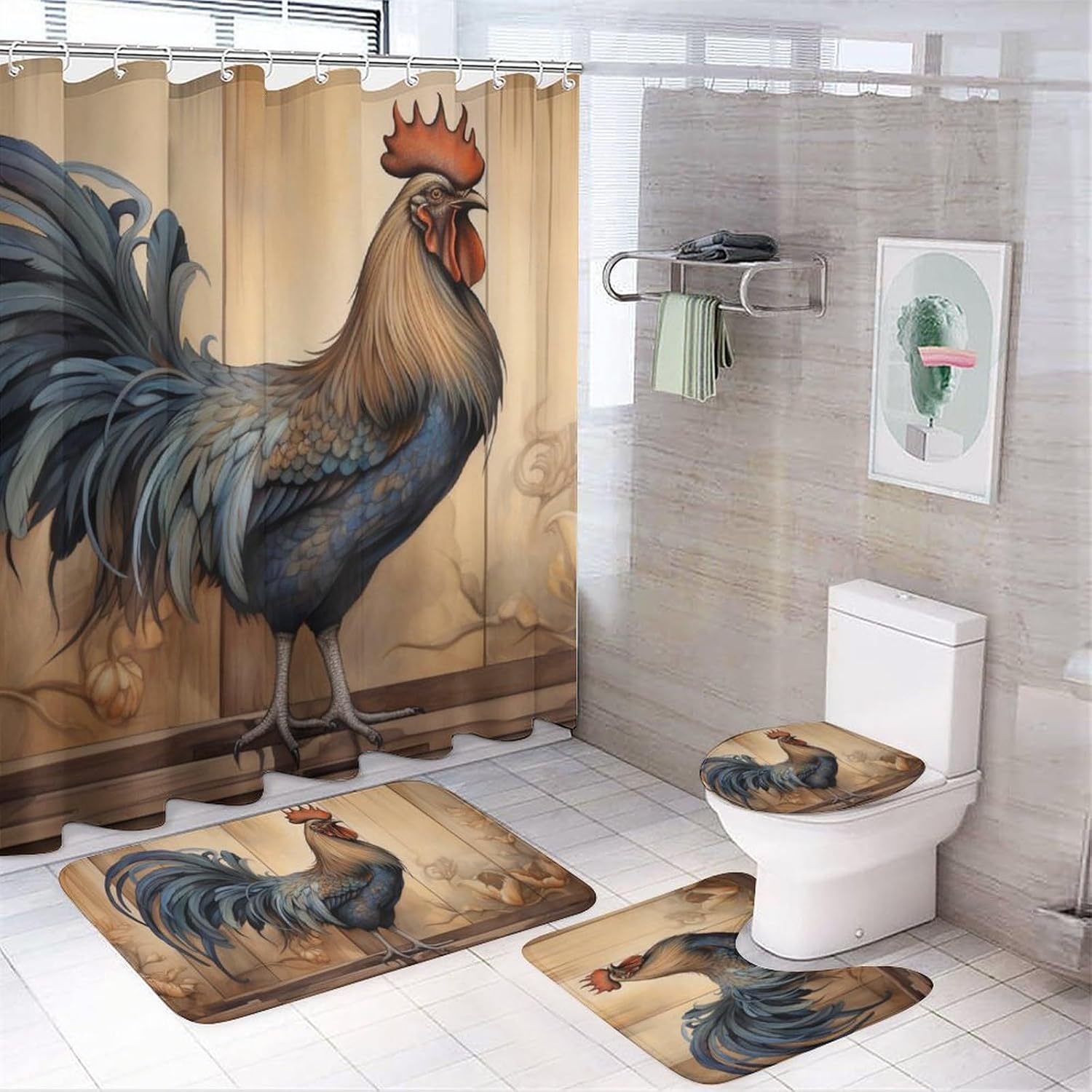 4Pcs Farmhouse Chicken Shower Curtain Sets for Bathroom,Modern Barn Rooster Animal Shower Curtain,Non-Slip Bathroom Rugs,Lid Toilet Cover,Bath Mat,Bathroom Decor Set Accessories