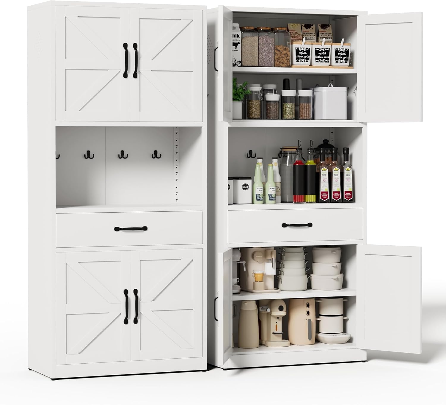 72" Tall Steel Kitchen Pantry Cabinet with Large Countertop and Adjustable Shelves, Metal Farmhouse Storage Cabinets with Microwave Stand, Kitchen Hutch Cabinet for Dining Room