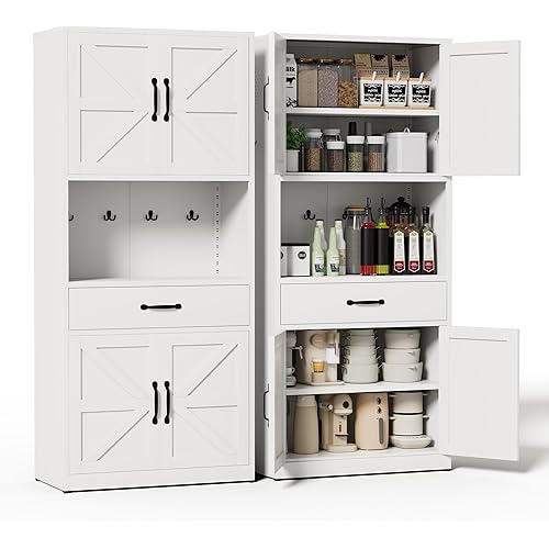 72" Tall Steel Kitchen Pantry Cabinet with Large Countertop and Adjustable Shelves, Metal Farmhouse Storage Cabinets with Microwave Stand, Kitchen Hutch Cabinet for Dining Room