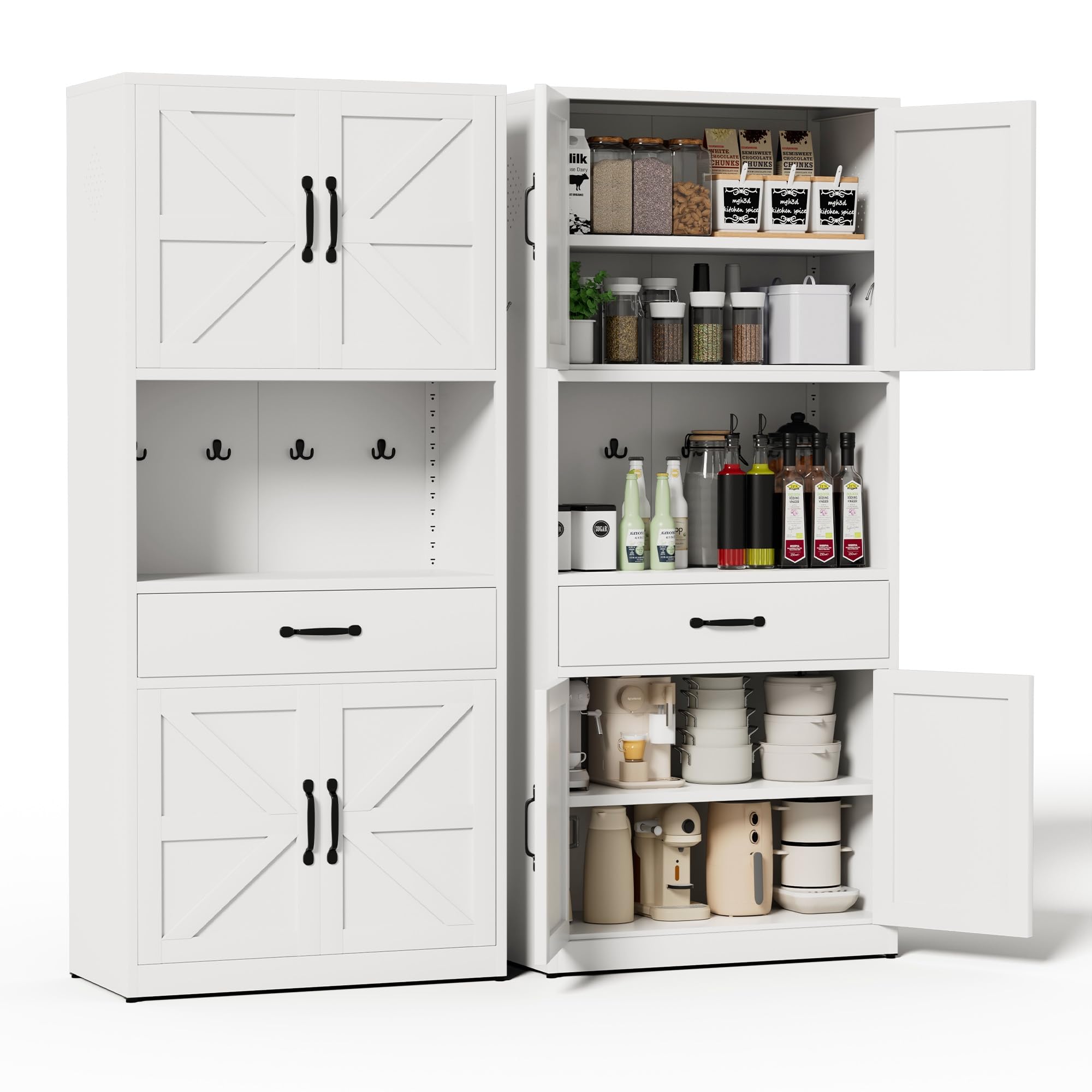 72" H White Steel Kitchen Pantry Storage Cabinet with Countertop