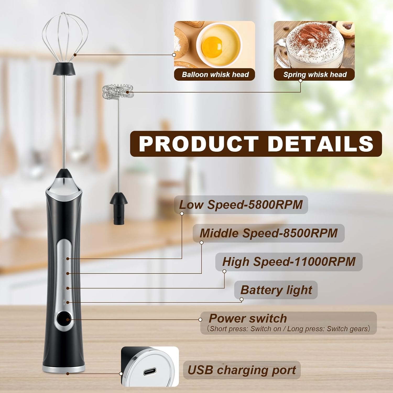 Mousseur à lait électrique portatif avec 2 têtes, fouet à café en mousse avec 3 vitesses rechargeable par USB, mélangeur pour latte, cappuccino, chocolat chaud, œuf (noir avec support)