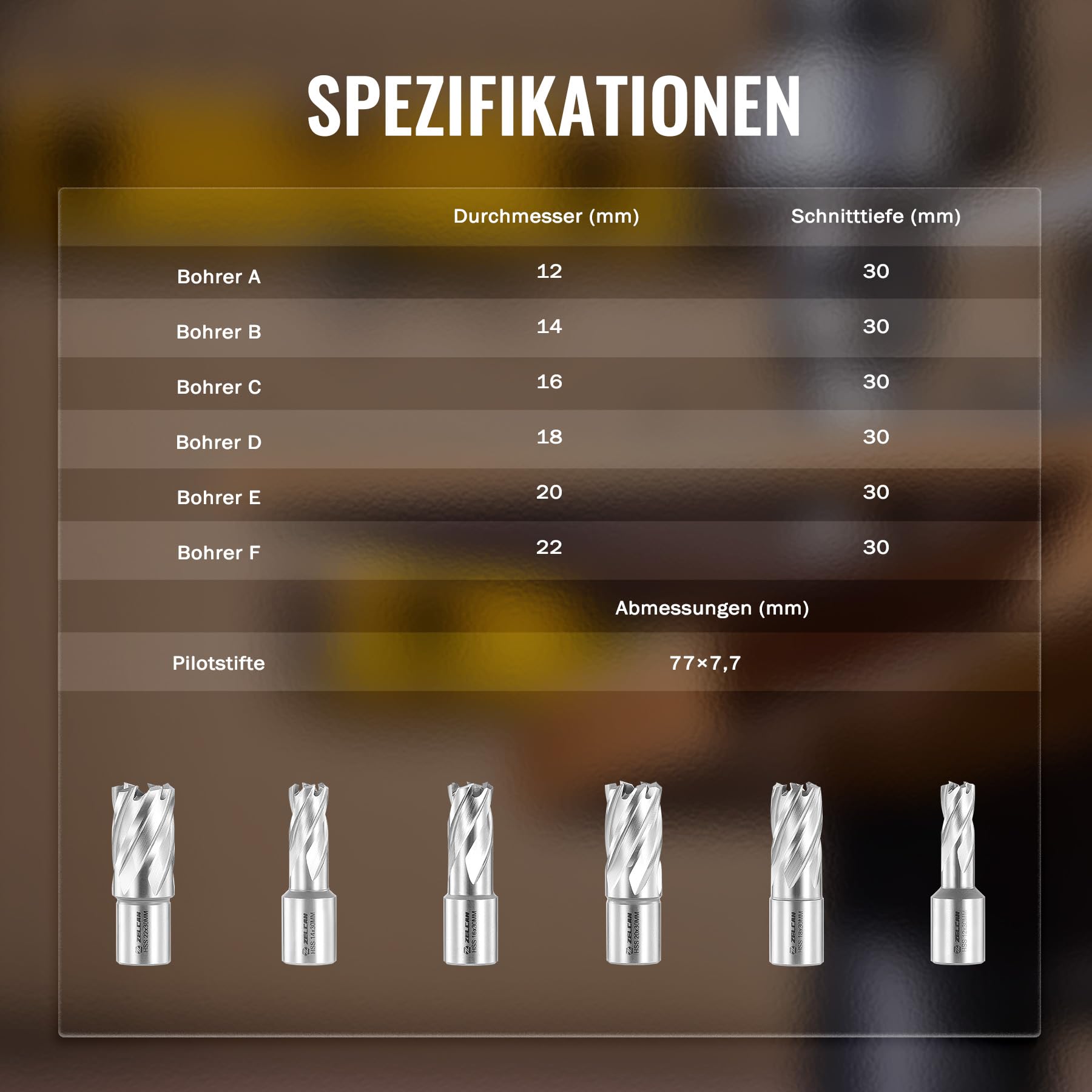 ZELCAN Kernbohrer-Satz HSS mit Weldonschaft (3/4") Schnitttiefe 30 mm Beinhaltet 6 Kernbohrer 12, 14, 16, 18, 20, 22 mm und 2 Auswerferstift, 8-teilig