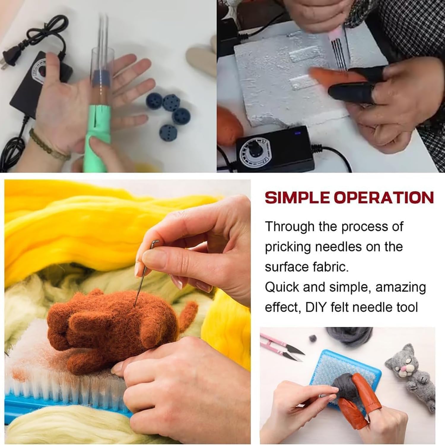 SGREMRWMY Herramienta de Fieltro Eléctrica de Mano, Dispositivo de Fieltro de Velocidad Ajustable con 1-7 Agujas, Carrera de Trabajo de 2 cm, Reemplazo Rápido de Agujas, for Arte de Lana(Green)