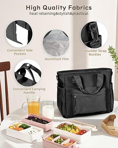 Miniatura 5 de Lonchera negra para mujeres y hombres, bolsa de almuerzo aislada, bolsa de almuerzo grande para el trabajo, bolsas de almuerzo reutilizables, lindas