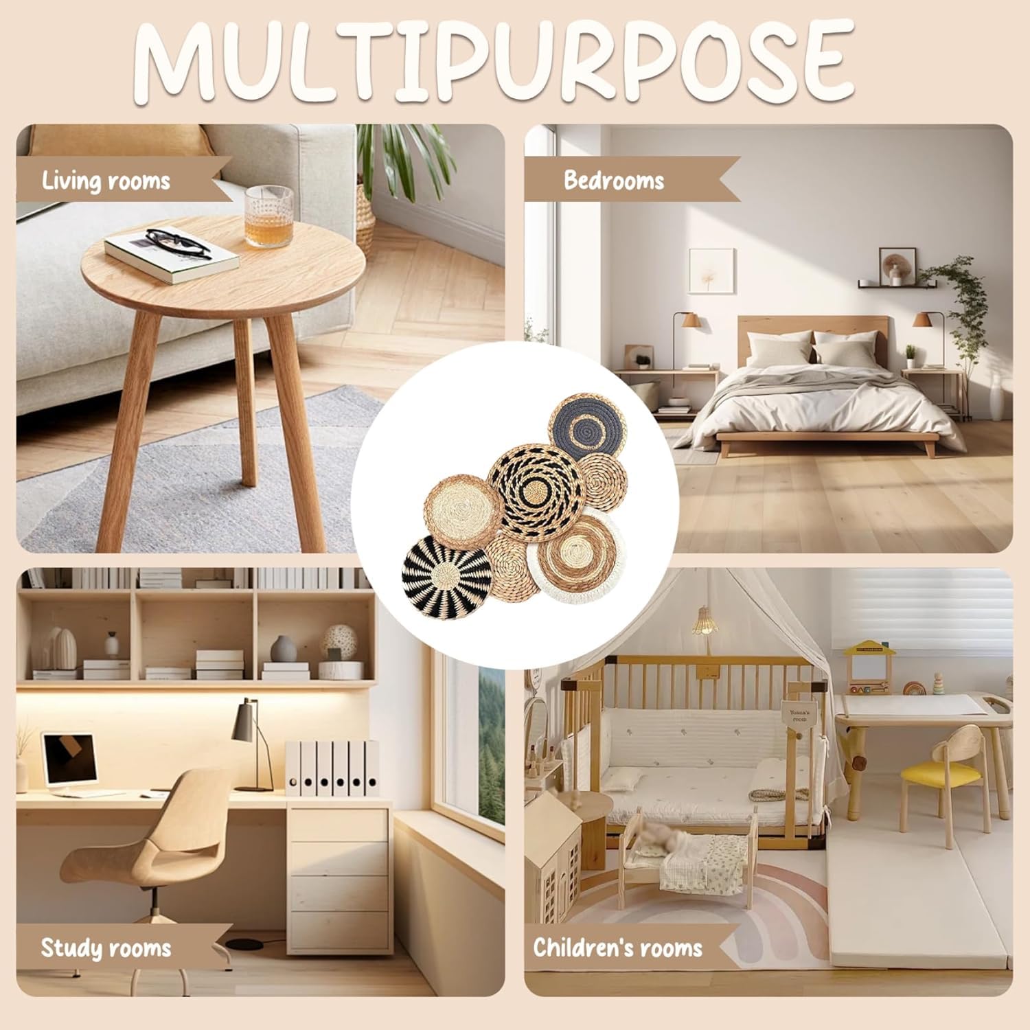 Gewebte Wanddekoration 7er Set, Boho Rattan Blumen Hängekörbe, handgefertigt für Schlafzimmer, Party und Zuhause, Bohemian-Stil Wandkunst, einzigartige dekorative Akzente
