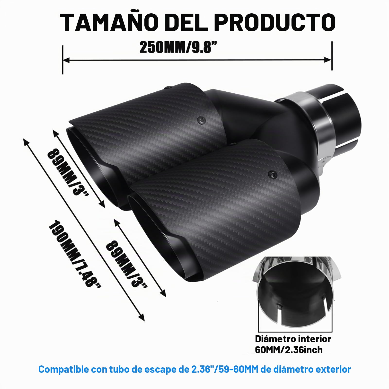 60MM (2.36") Escape Tubo de Acero Inoxidable Engrosado Silenciador Punta de Cola de Coche Extremo de Escape Salida de 3,5" Fibra de Carbono (Doble Salida- Mate Todo Negro, 60mm)