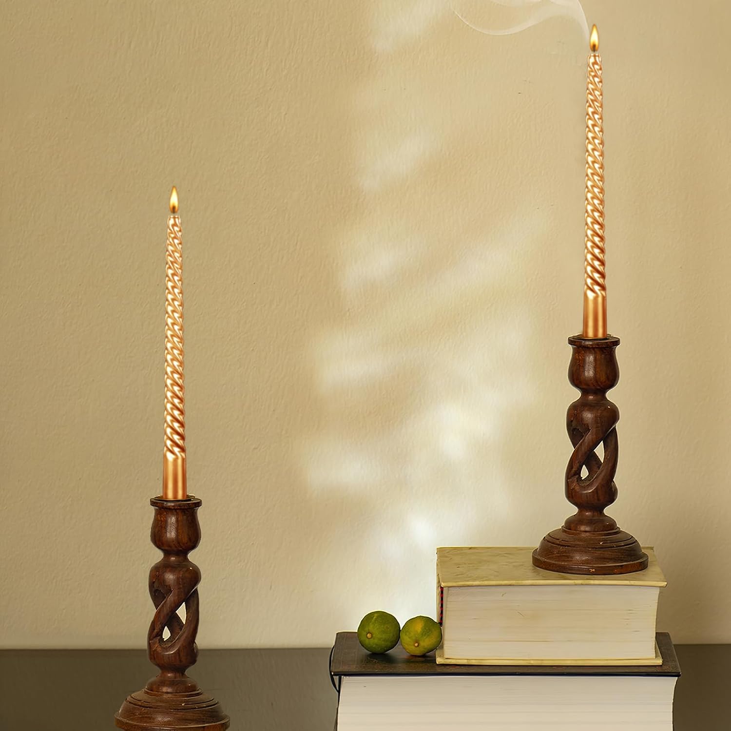 10 Inch Taper Spiral Candle Set of 4 - Tapered, Long, Smokeless, 8 Hr Burn Time - Golden, 25cm - Perfect for Home, Dinner, Party, Wedding, Halloween, Christmas