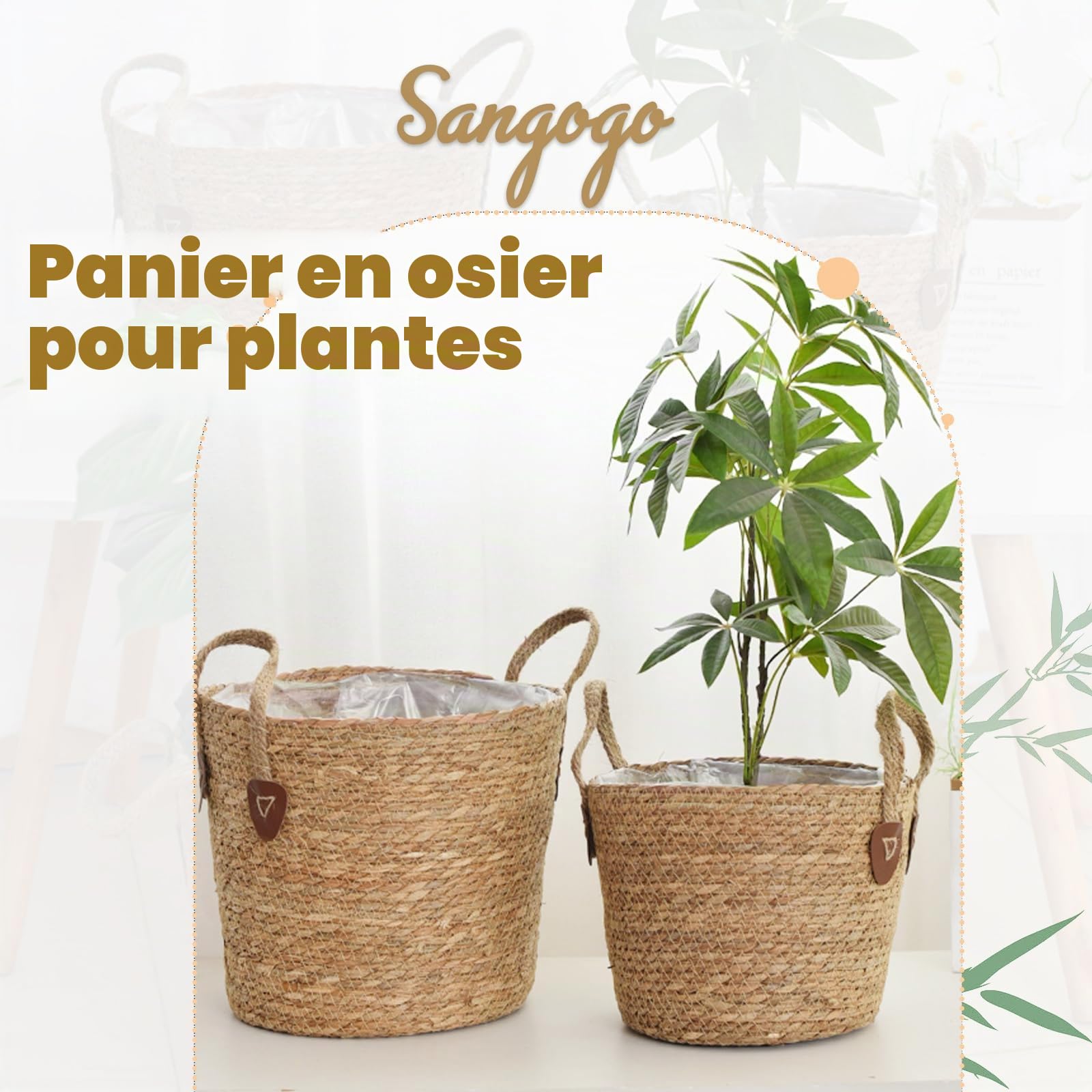 Pot de fleurs en osier tressé avec anse, panier de rangement pour jouets, panier de rangement avec poignée, fait à la main (L)