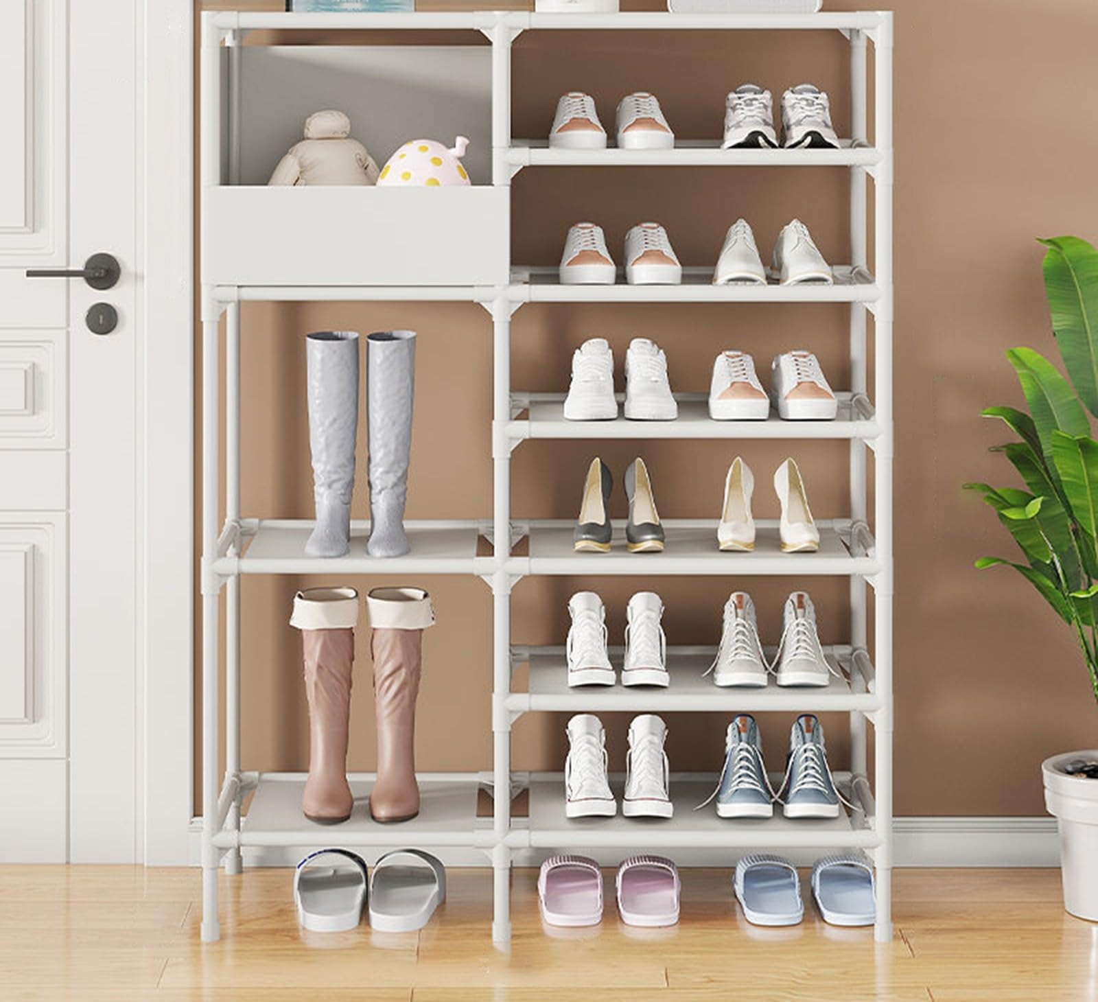 Schuhschrank mit Stofftasche zur Aufbewahrung, Schuhregal aus Karbonstahl für Flur, Schlafzimmer, Innen und Außen, erhöhte Basis, B