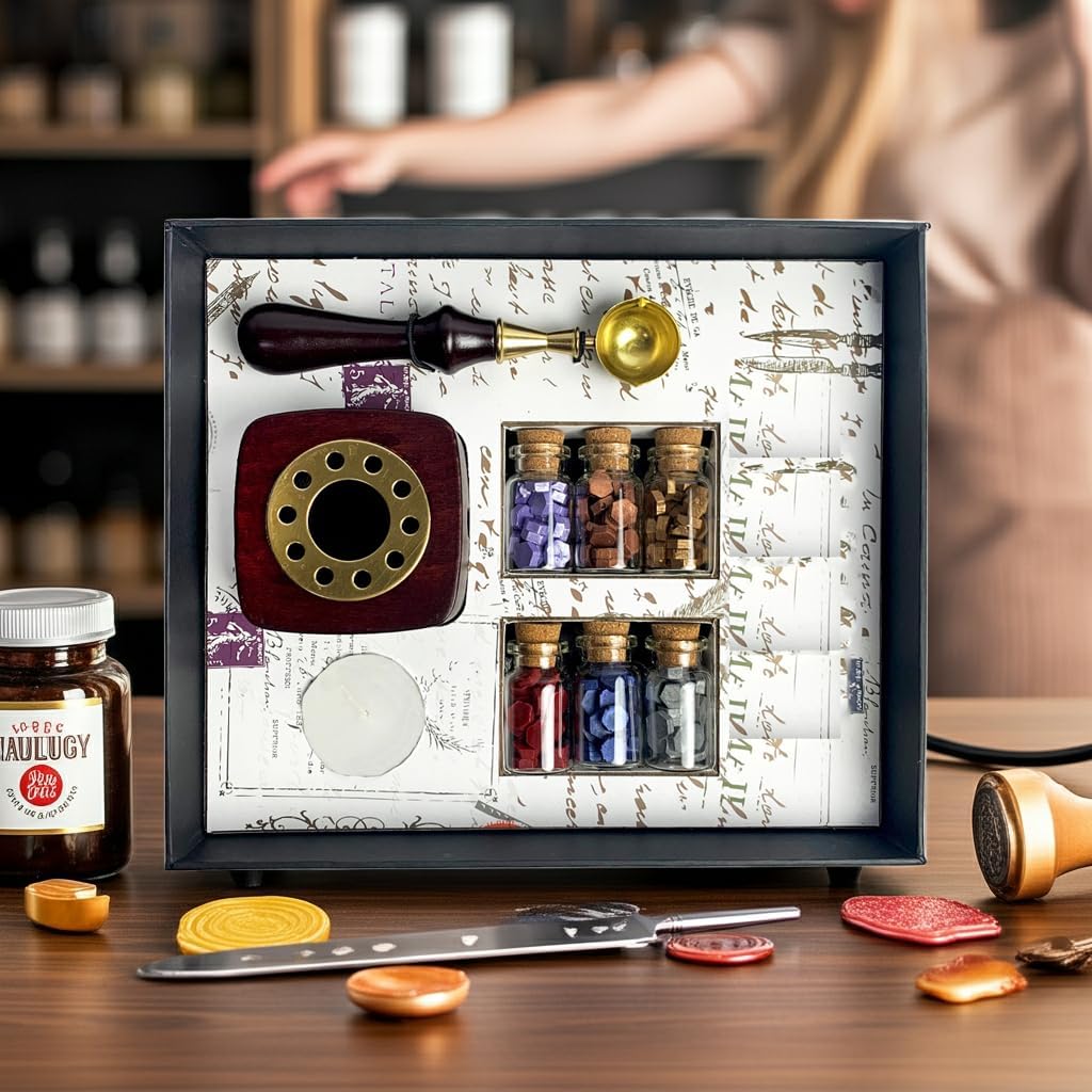 Nostalgic Impressions Bead Sealing Wax Melting Kit with 6 Colors Sealing Wax Beads, Melting Pot, Candle and Spoon