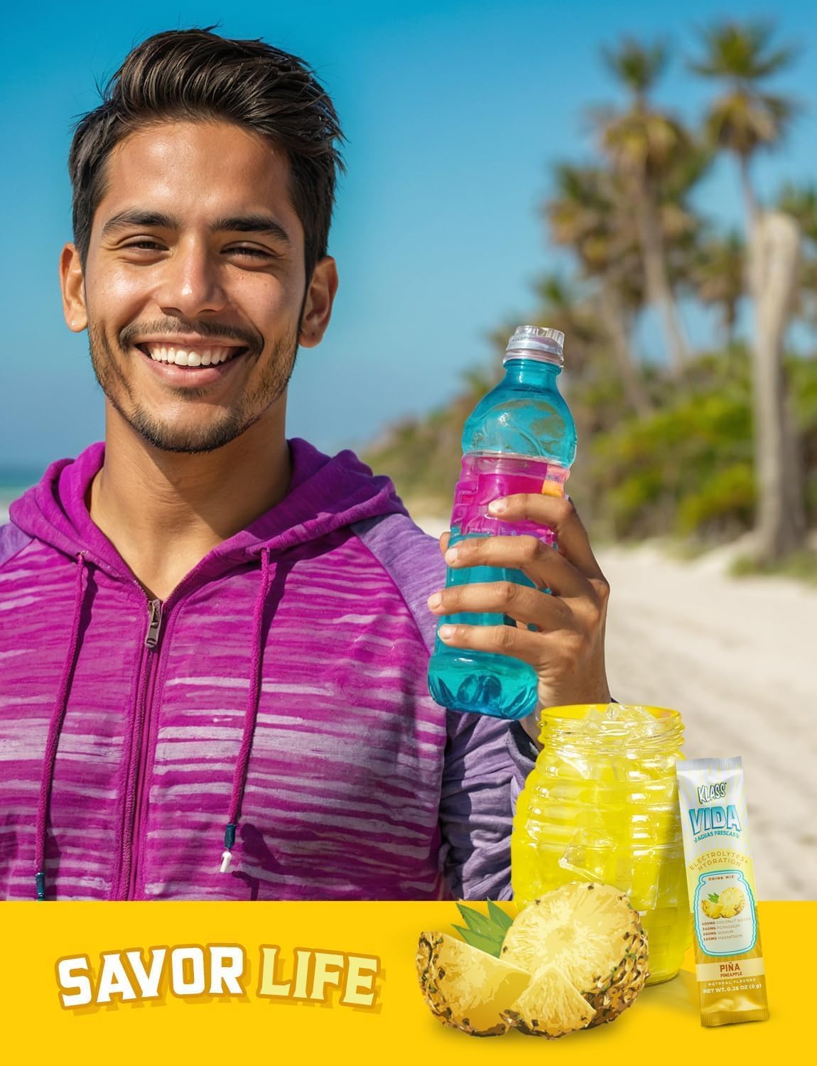 KLASS VIDA Electrolyte Drink Mix – Pineapple Agua Fresca Flavor | Sugar-Free Hydration Powder with Coconut Water & Minerals | 15 Single-Serve Stick Packs, Low Calorie, Natural Flavor
