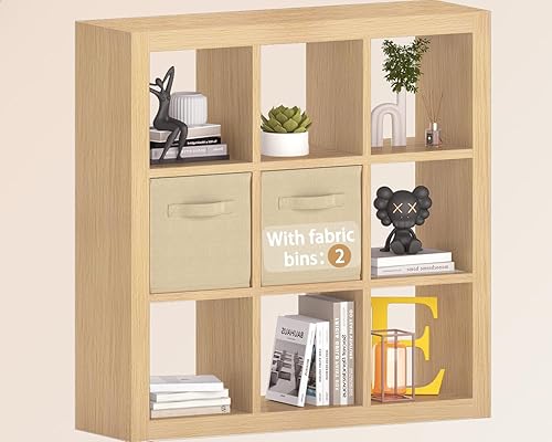 Miniatura 15 de Estantería con contenedores de almacenamiento, organizador de almacenamiento de 9 cubos, estantería de madera resistente, estante abierto para Roble