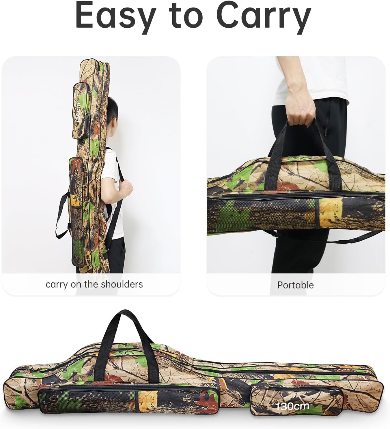 Conskyee 2 Layers 130cm/51.18in Portable Leaf Camouflage Fishing Rod Bag, Oxford Waterproof Fishing Pole Case with Adjustable Shoulder Strap – Tackle Storage for Reel, Bait & Accessories