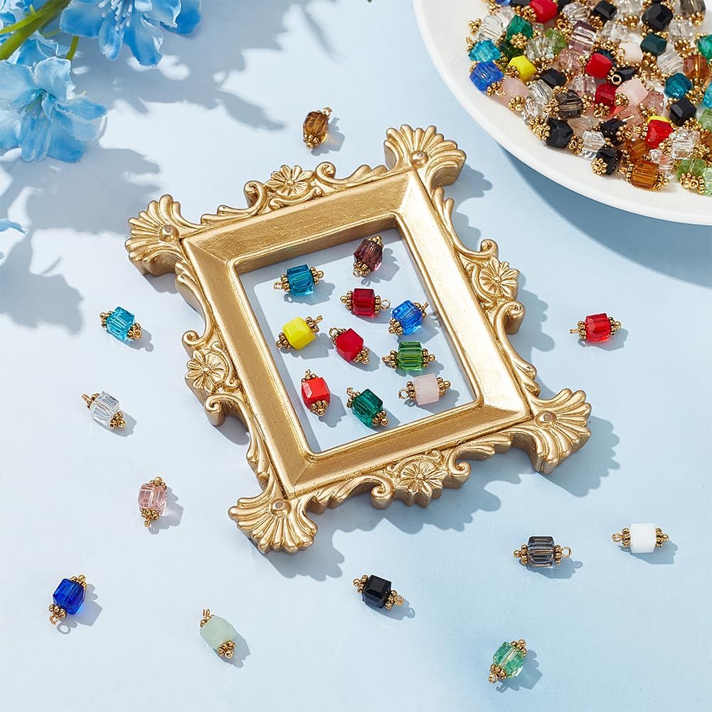 100Pcs Crystal Cube Charms Glass Cube Charm Faceted Beads Pendant with Gold Flower Bead Cap Random Color for DIY Bracelets Earring Necklace Jewelry Making - Image 4