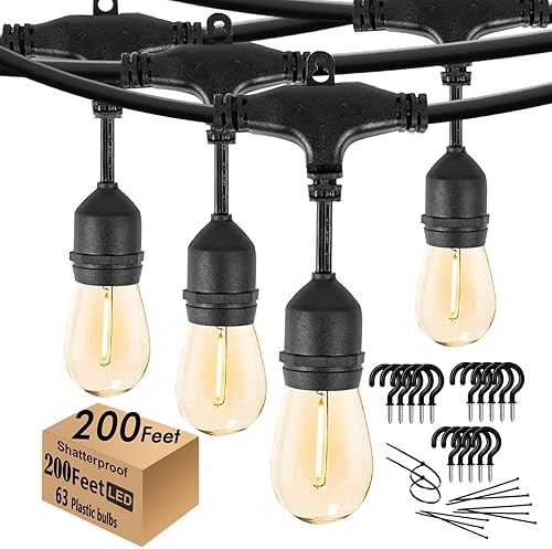 Miniatura 9 de Guirnalda de luces impermeables para exteriores, 150 pies, luces de patio con bombillas de plástico de 2700 K inastillables para exteriores, bistró,
