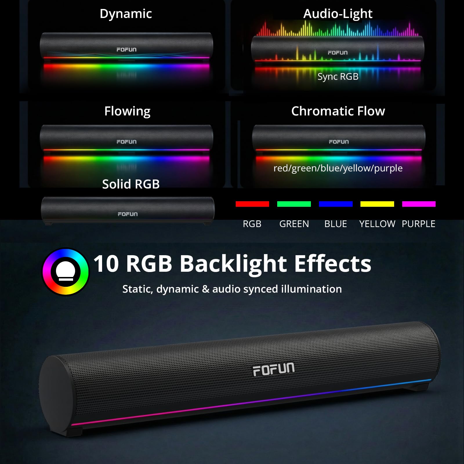 2-in-1 Gaming Soundbar mit Abnehmbares Mikrofon,USB Plug-and-Play Lautsprecher,3 EQ-Audiomodi,Bluetooth 6.0,10 RGB Speakers für PC,TV